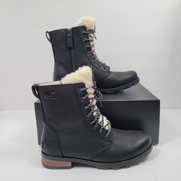 Sorel Emelie Women's Genuine Shearling Short Lace Cozy Black Boots US Size 7 NWB - Picture 1 of 12